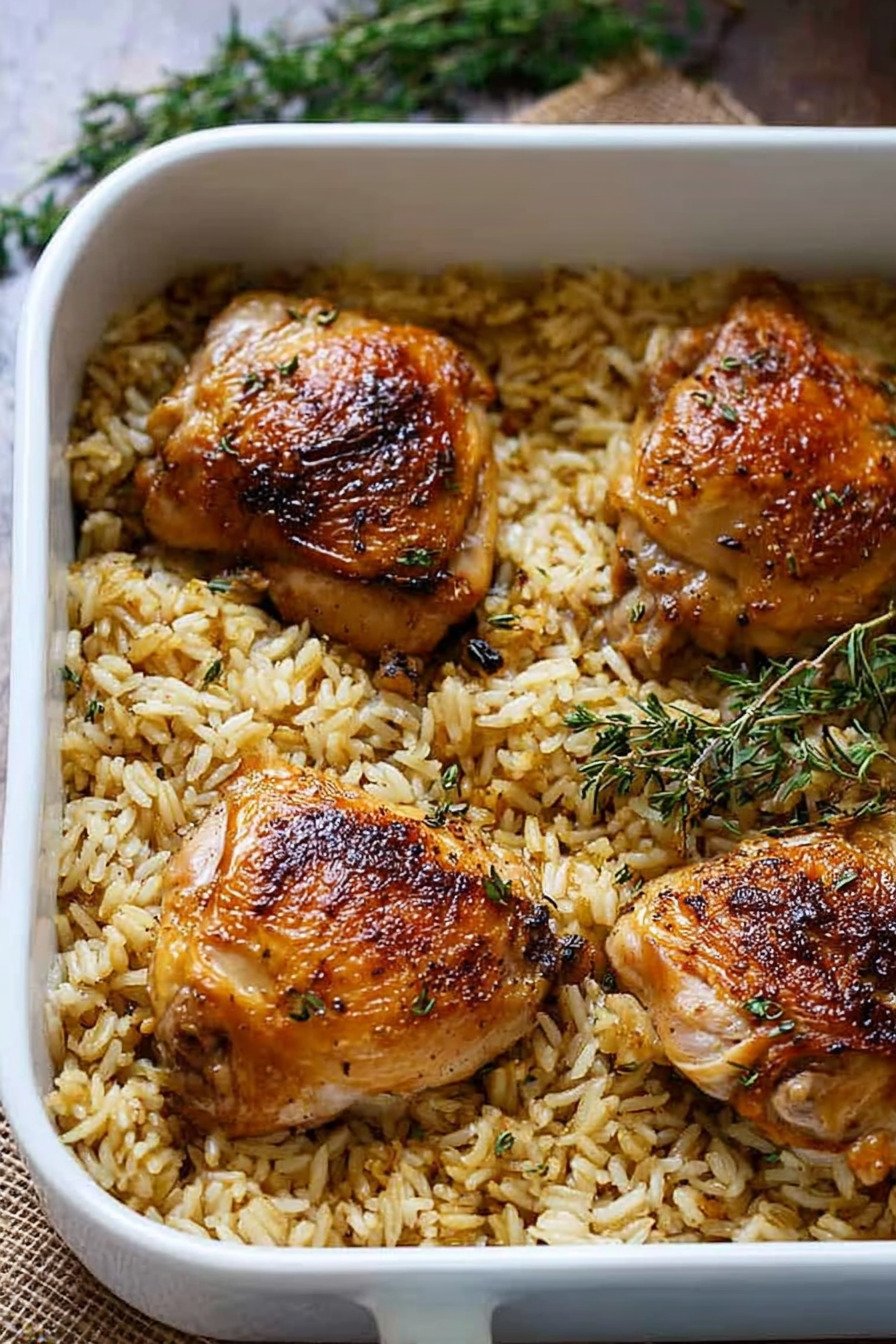 Oven Baked Chicken and Rice With Tender Thighs and Seasoned Rice final result