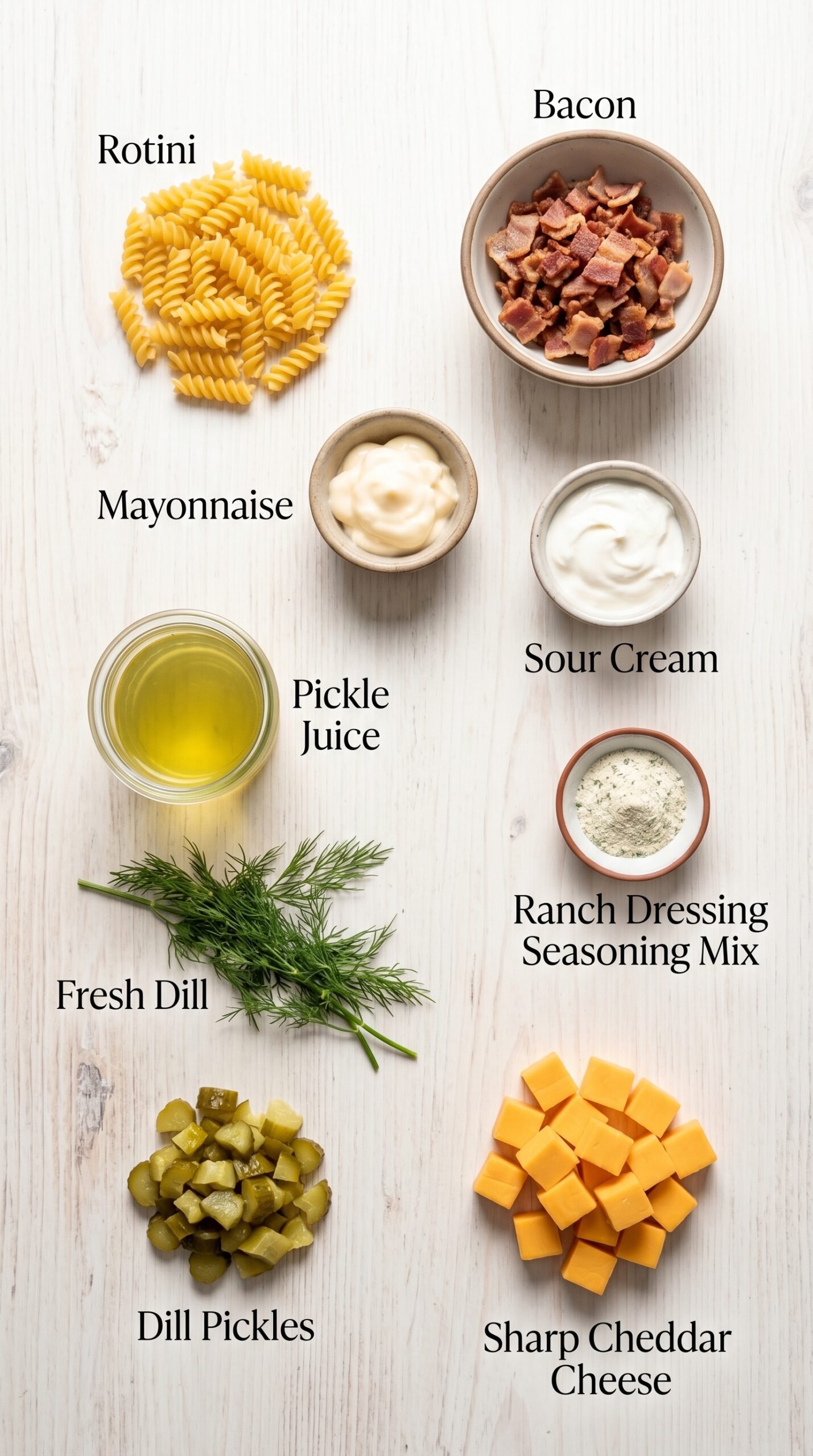 Dill Pickle Bacon Ranch Pasta Salad recipe ingredients
