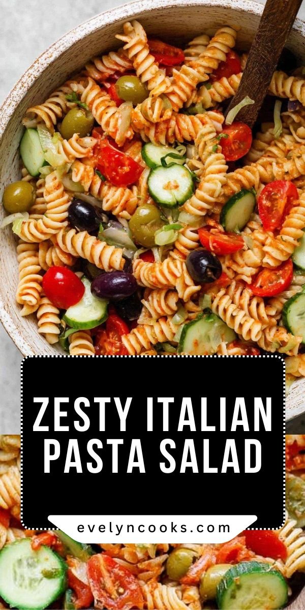 Zesty Italian Pasta Salad with Olives, Cucumber, and Tomato save this recipe
