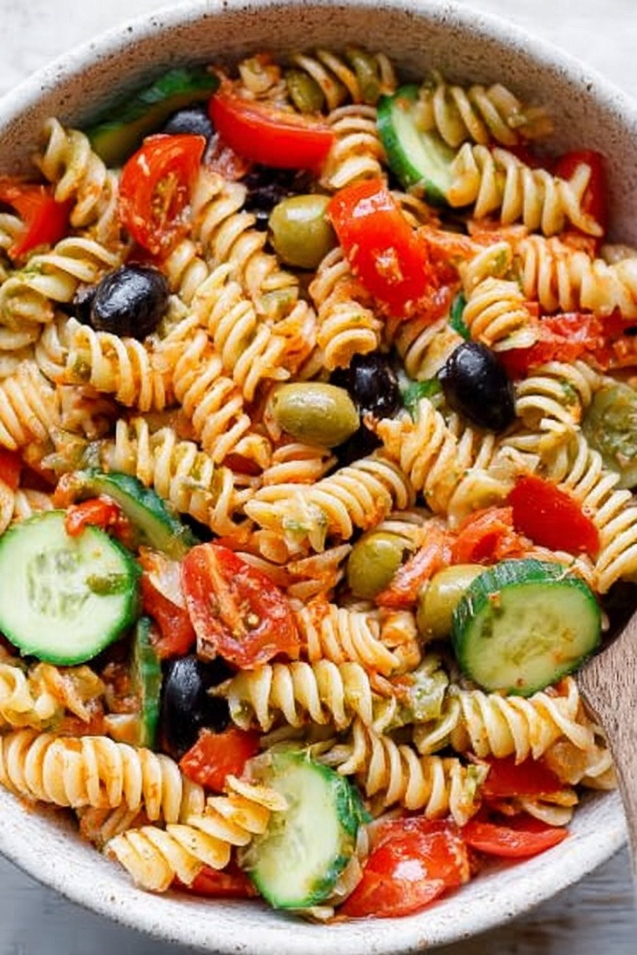 Zesty Italian Pasta Salad with Olives, Cucumber, and Tomato recipe tips