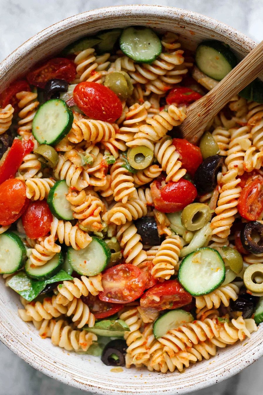 Zesty Italian Pasta Salad with Olives, Cucumber, and Tomato final result
