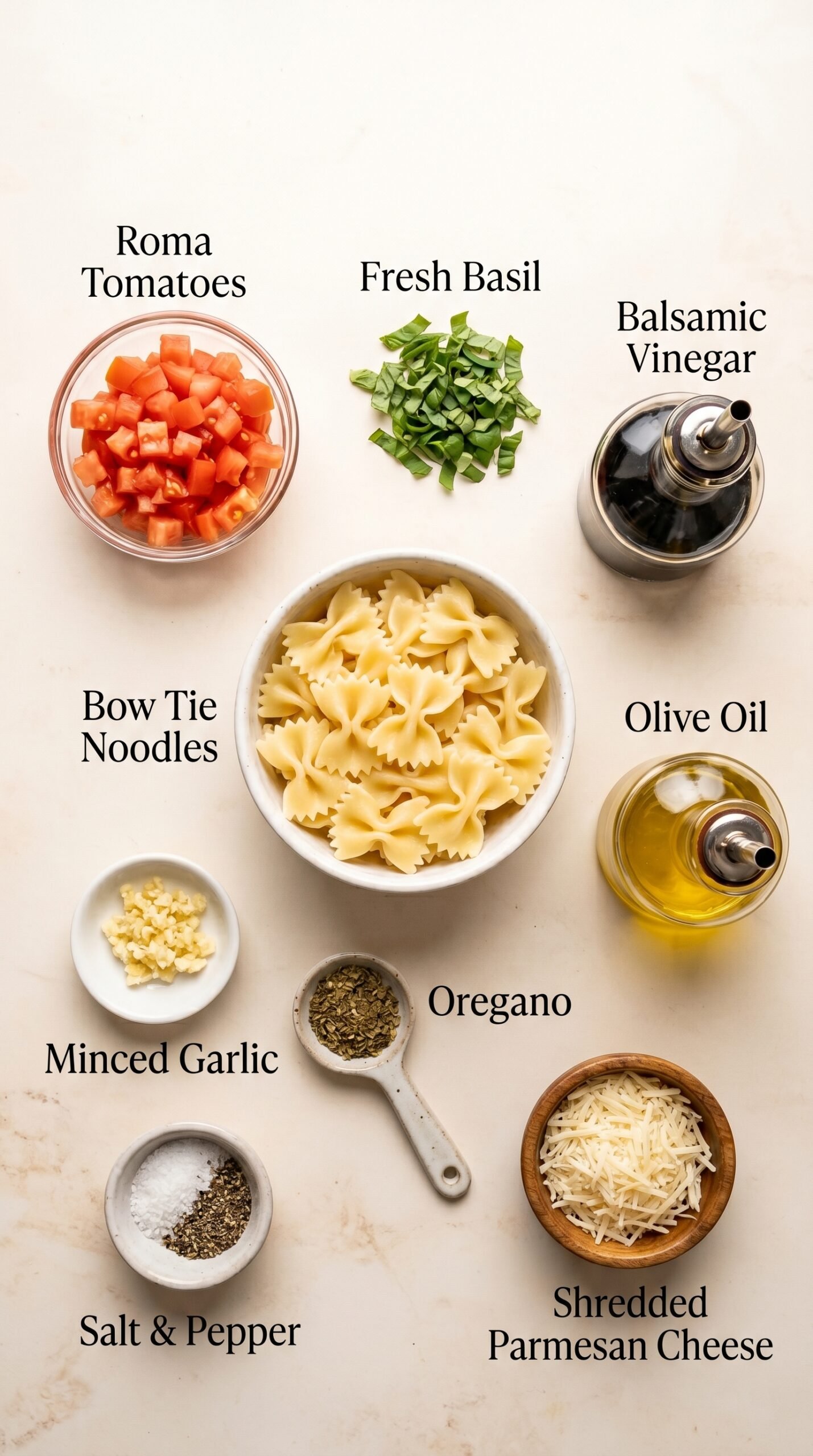 Easy Bruschetta Pasta Salad with Fresh Tomatoes, Basil, and Balsamic recipe ingredients